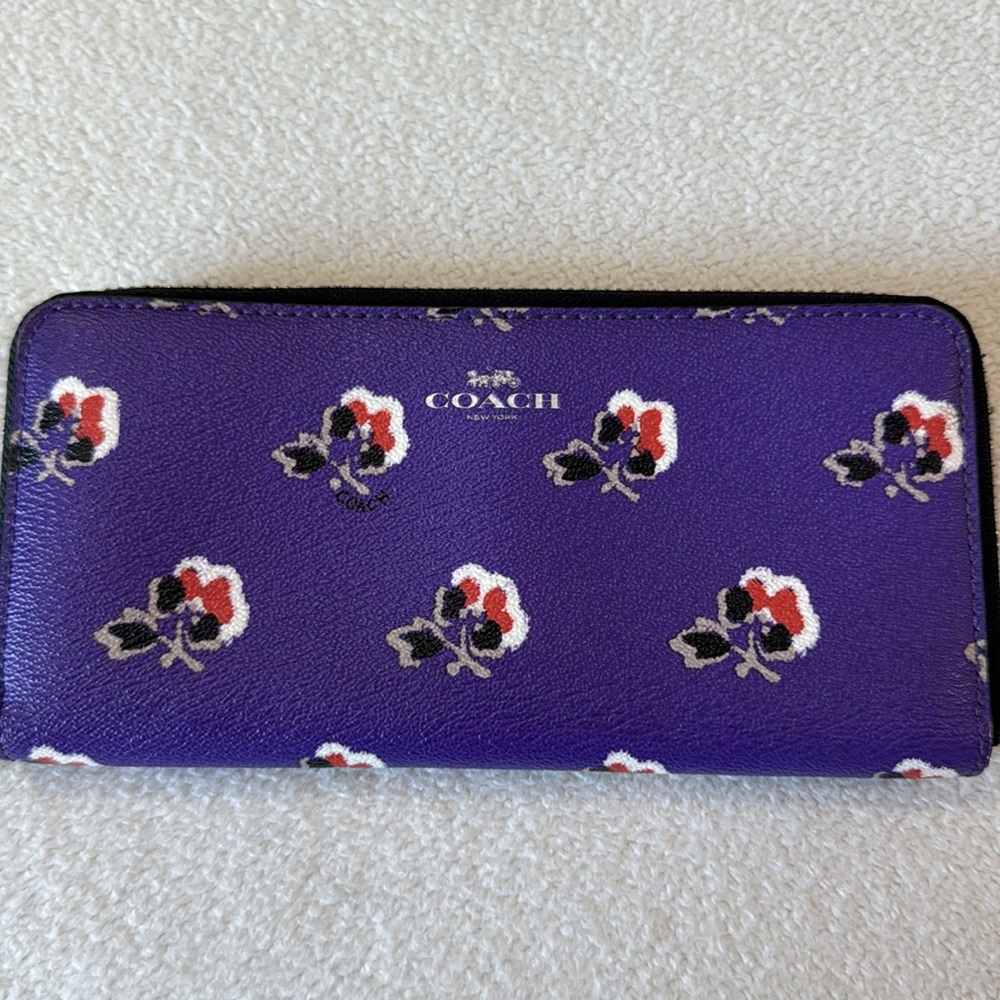 Coach Bramble Rose Flower Slim Accordion Zip Around Purple Floral Wallet